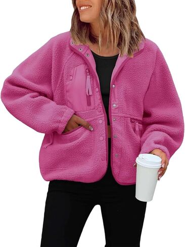 JiXiang Women Fleece Jacket Fuzzy Button Down Cropped Coats Oversized Casual Long Sleeve Winter Warm Outwear with Pockets in Saudi Arabia