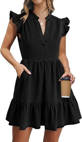 Denim Dress for Women Ruffle Short Sleeve V Neck Jean Mini Dress with Pockets in Kuwait