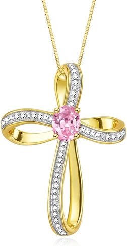 Rylos Yellow Gold Plated Silver Cross Necklace: Gemstone & Diamond Pendant, 18 Chain, 8X6MM Birthstone, Elegant Women's Jewelry in Saudi Arabia
