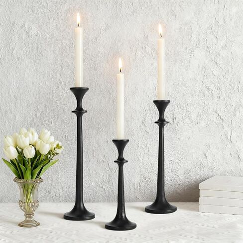 Black Taper Candle Holders Set of 3 Heavy Cast Iron Black Candlestick Holder for Table Centerpiece Modern Decorative Tapered Candle Stand Tall Set for Home Decor Fireplace Wedding Halloween Christmas in Saudi Arabia