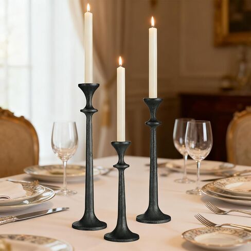 Black Taper Candle Holders Set of 3 Heavy Cast Iron Black Candlestick Holder for Table Centerpiece Modern Decorative Tapered Candle Stand Tall Set for Home Decor Fireplace Wedding Halloween Christmas in Saudi Arabia