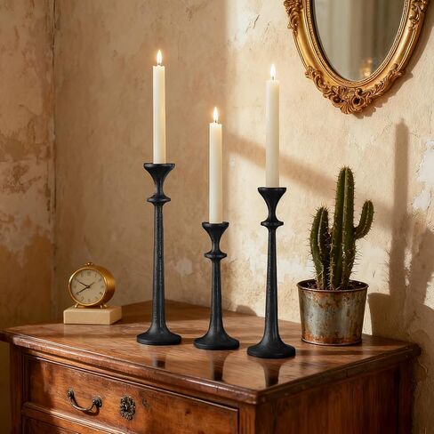 Black Taper Candle Holders Set of 3 Heavy Cast Iron Black Candlestick Holder for Table Centerpiece Modern Decorative Tapered Candle Stand Tall Set for Home Decor Fireplace Wedding Halloween Christmas in Saudi Arabia