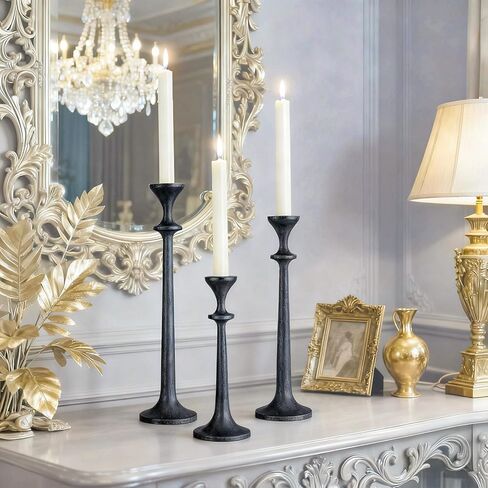 Black Taper Candle Holders Set of 3 Heavy Cast Iron Black Candlestick Holder for Table Centerpiece Modern Decorative Tapered Candle Stand Tall Set for Home Decor Fireplace Wedding Halloween Christmas in Saudi Arabia
