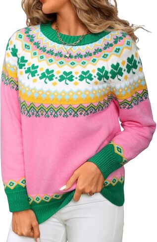 Women's Fair Isle Sweater, Lucky Clover Patterned Chunky Knit 2026 Spring Holiday Pullover in Saudi Arabia