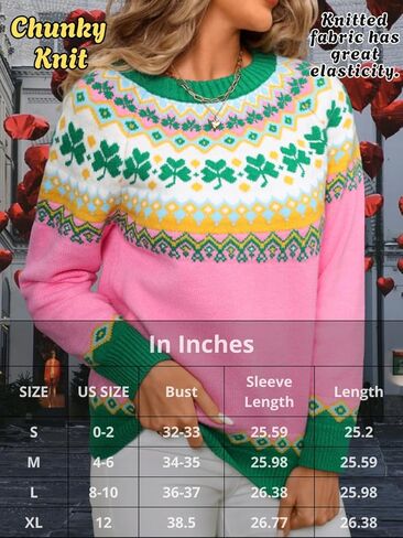 سترة نسائية من Fair Isle، سترة منسوجة مكتنزة منقوشة من Lucky Clover لعام 2026 لعطلة الربيع in Kuwait
