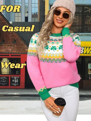 سترة نسائية من Fair Isle، سترة منسوجة مكتنزة منقوشة من Lucky Clover لعام 2026 لعطلة الربيع in Kuwait