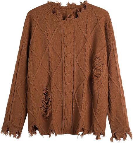 GABERLY Oversized Distressed Cable Knit Sweater Pullover with Frayed Edges Vintage Style Fall Winter Knitwear for Women in Saudi Arabia
