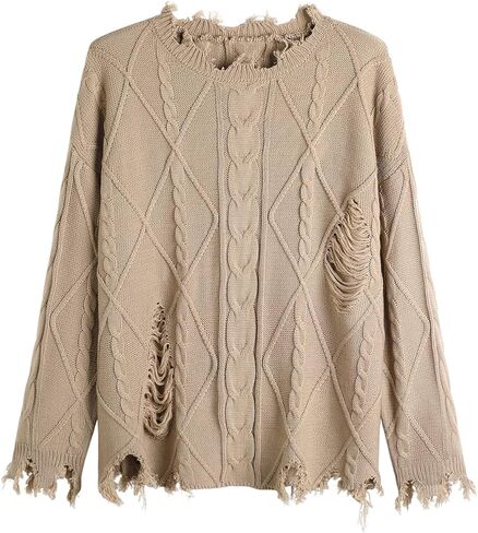 GABERLY Oversized Distressed Cable Knit Sweater Pullover with Frayed Edges Vintage Style Fall Winter Knitwear for Women in Saudi Arabia