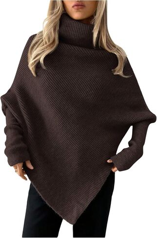 MakeMeChic Women's Turtleneck Cape Poncho Sweater Oversized Rib Knitted High Neck Long Sleeve Asymmetrical Tops in Saudi Arabia