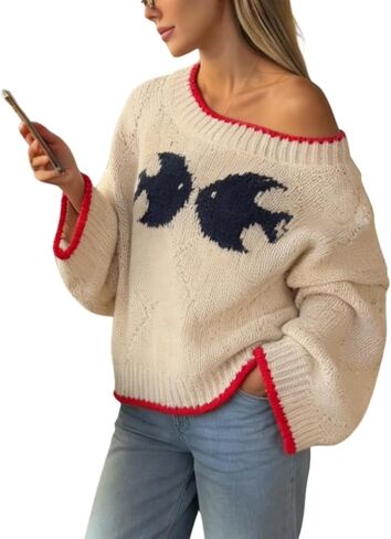 Verdusa Women's Oversized Off The Shoulder Sweater Fish Print Fall Argyle Knit Pullover Tops Winter Clothes in Saudi Arabia