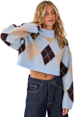 Nasty Gal Women's Brushed Argyle Turtleneck Boxy Cropped Jumper in Saudi Arabia