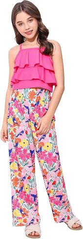 Girl's 2 Piece Vacation Outfits Ruffle Camisole Top and Floral Holiday Pants Sets in Saudi Arabia