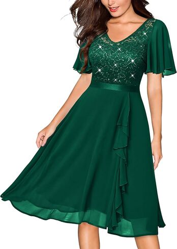 Miusol Women's Sequin Lace V Neck Ruffle Style Cocktail Party Chiffon A-line Dress in Saudi Arabia
