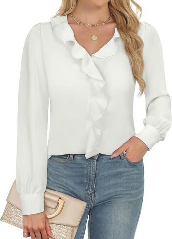 Womens Blouses Dressy Casual, Long Sleeve Business Tops, Ruffle V Neck Work Shirt in Saudi Arabia