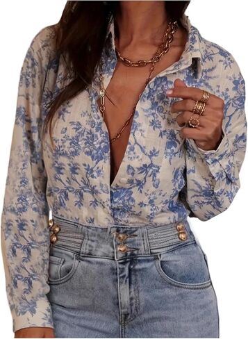 SHENHE Women's Floral Button Down Blouse Long Sleeve Dressy Casual Work Shirt with Pocket in Saudi Arabia