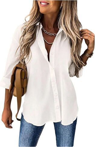 WDIRARA Women's Button Down Long Sleeve Shirt Collared Blouse Loose Tops in Saudi Arabia