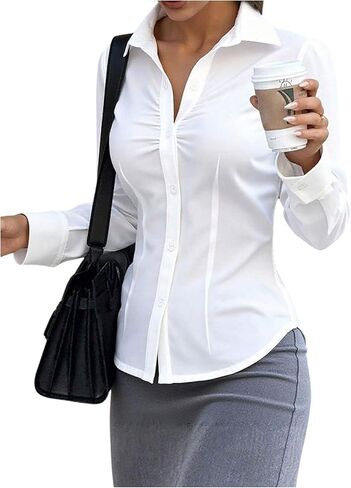 GORGLITTER Women's Ruched Fitted Blouse Long Sleeve Shirts Collared Slim Fit Business Work Casual Fall Fashion Tops in Saudi Arabia