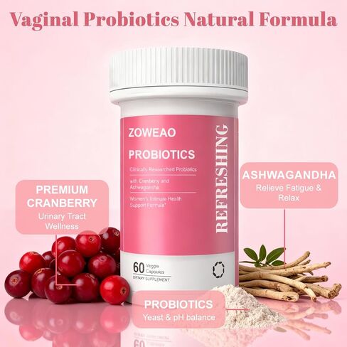 Vaginal Probiotics for Women - Vaginal Moisturizer Supports Vaginal Health, pH Balance, Fights Itch, Odor & Yeast, Enhances Intimate Wellness, 60 Capsules Probiotics, Cranberry, Ashwagandha in Saudi Arabia
