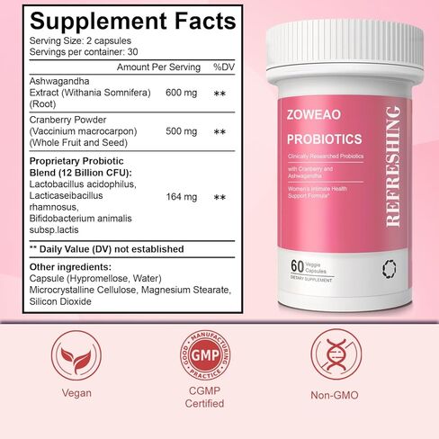 Vaginal Probiotics for Women - Vaginal Moisturizer Supports Vaginal Health, pH Balance, Fights Itch, Odor & Yeast, Enhances Intimate Wellness, 60 Capsules Probiotics, Cranberry, Ashwagandha in Saudi Arabia