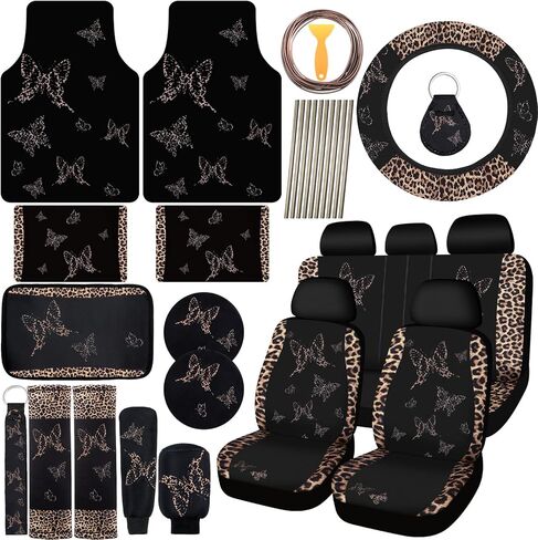 BBTO 47 Pcs Butterfly Car Seat Full Set Butterfly Car Accessories for Women 5 Front Rear Seat Covers Wrist Strap 2 Pieces Cup Mat Armrest Pad 2 Seat Belt Cover Accessories for SUV Car(Pink Black) in Kuwait