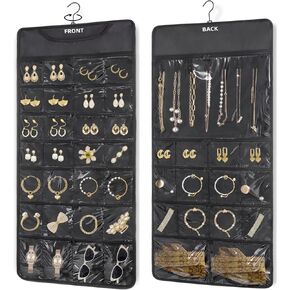منظم مجوهرات معلق من FOREGOER مع 88 جيبًا بسحاب، مقاوم للغبار وقابل للطي للسفر، منظم إكسسوارات لحمل المجوهرات ومنظمات الأقراط والتخزين (أسود) in Kuwait