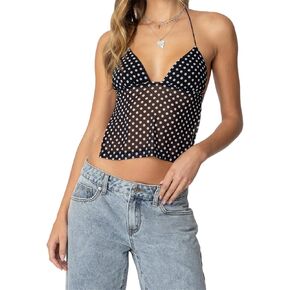 Women Polka Dot Halter Top Sleeveless Low Cut V Neck Slim Fit Crop Camisole Summer Y2k Sexy Open Back Tie Tank Tops in Saudi Arabia