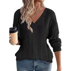 Flamingals Women's Long Sleeve V Neck Pullover Shirts Tops Business Casual Lightweight Ribbed Knit Pullover Tunic Tops Fall in Kuwait