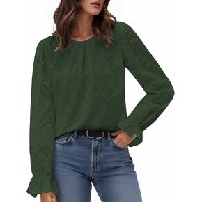 بلوزات نسائية ذات عيينة أنيقة غير رسمية بأكمام طويلة بطيات 2025 قمصان عصرية للخريف برقبة دائرية ومطرزة بالدانتيل in Kuwait