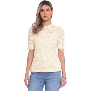Allegra K Lace Tops for Women Mock Neck Puff Short Sleeve Elegant Floral Blouses Dressy Casual Shirts in Saudi Arabia
