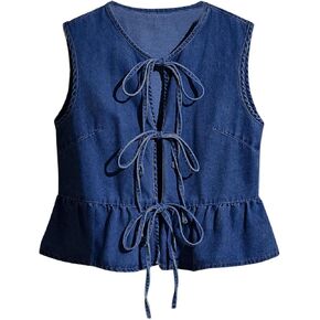 Remidoo Women's Tie Front Denim Vest Sleeveless Peplum Top Ruffle Hem Jean Waistcoat in Saudi Arabia