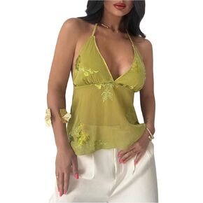 SHENHE Women's Y2k Floral Sequin Halter Top Low Cut Backless Sheer Chiffon Ruffle Flowy Tank in Saudi Arabia