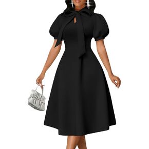 فساتين Nmoder متوسطة الطول للنساء، مقاس شبه رسمي وربطة عنق واسعة وأكمام منتفخة أنيقة لحفلات الكوكتيل والصيف فستان قصير in Kuwait