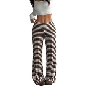 SOLY HUX Women's Plus Size Striped Pants Elastic Waist Wide Leg Knit Lounge Pants Casual Long Trousers in Kuwait