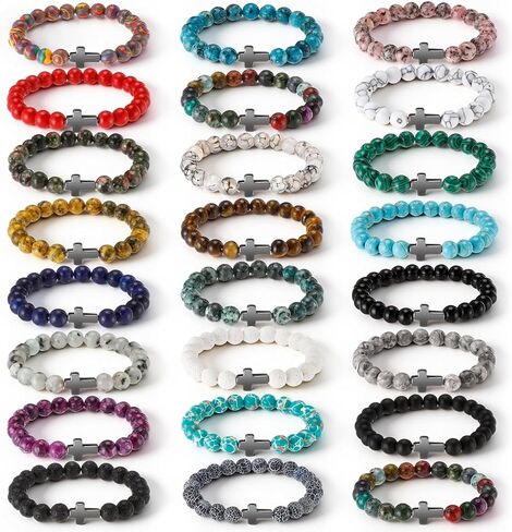 24 Pcs Cross Beads Bracelet for Men Women 8mm Couple Cross Bracelets Black Christian Healing Lava Stone Stretch Turquoise Tiger Eye Stone Natural in Kuwait