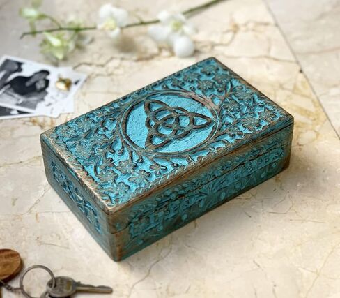 Great Birthday Gifts Handmade Decorative Wooden Jewelry Box Jewelry Organizer Keepsake Box Treasure Chest Trinket Holder Watch Box Storage Lock Box 8 x 5 Inches Housewarming Gift Ideas (Blue) in Saudi Arabia
