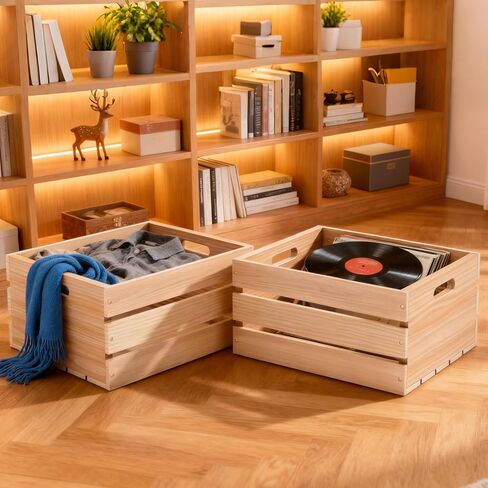 صناديق خشبية للتخزين - صندوق صنوبر متعدد الاستخدامات لديكور المنزل، وتنظيم الخزانات، وسجلات الفينيل، والهدايا، والهدايا التذكارية، أو منتجات المزرعة. قوي وسلس وأنيق، وصديق للبيئة مع سحر ريفي (1) in Kuwait