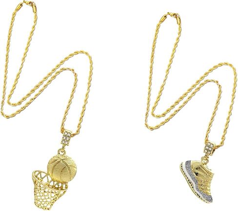 2 Pcs Basketball Chain and Sneaker Pendant Set Hip Hop Sports Necklaces Chains Cool Gold Necklace for Mens Vintage Sneaker Pendant Fade Resistant Cord Stylish Jewelry for Mens in Saudi Arabia