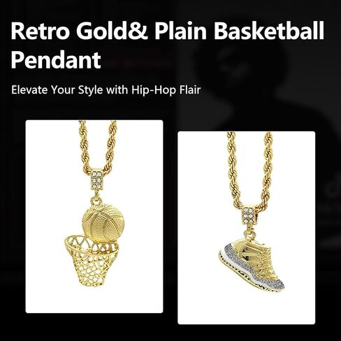 2 Pcs Basketball Chain and Sneaker Pendant Set Hip Hop Sports Necklaces Chains Cool Gold Necklace for Mens Vintage Sneaker Pendant Fade Resistant Cord Stylish Jewelry for Mens in Saudi Arabia