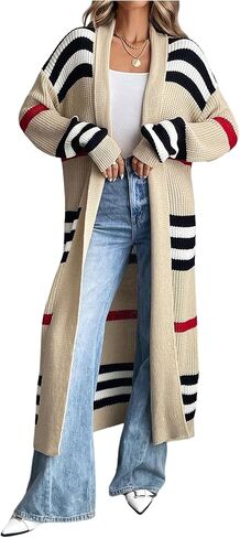 WDIRARA Women's Striped Open Front Long Cardigan Sweaters Colorblock Long Sleeve Knit Outerwear in Saudi Arabia