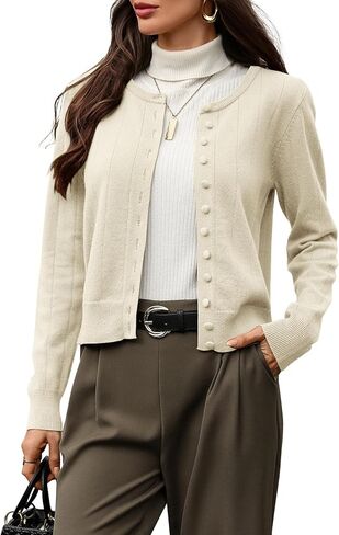Women's 100% Wool Cropped Cardigan Ribbed Round Neck Button Down Cozy Lightweight Knit Sweater for Office Casual Outfits in Saudi Arabia