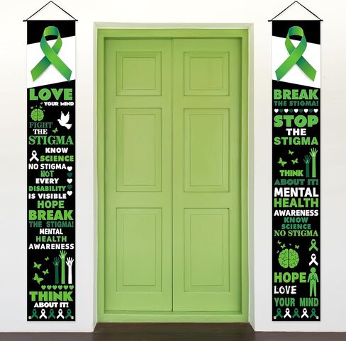 2 Pcs Mental Health Awareness Door Banners Porch Signs 71''x12'' Motivational Green Ribbon Mental Health Awareness Decorations Indoor Outdoor Therapist Mental Health Month Party Supplies in Kuwait