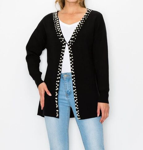 LifeShe Women's Pearls Cardigan Sweaters Long Sleeve V Neck Knit Sweater Loose Open Front Fall Winter Outwear Coats in Saudi Arabia
