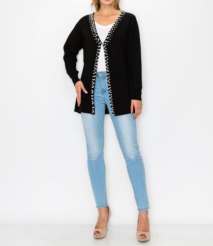 LifeShe Women's Pearls Cardigan Sweaters Long Sleeve V Neck Knit Sweater Loose Open Front Fall Winter Outwear Coats in Saudi Arabia