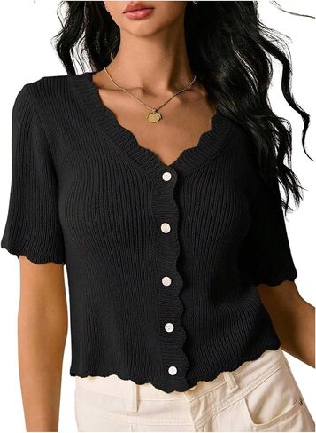 SOLY HUX Women's Knitted Top Short Sleeve V Neck Button Down Cardigan Scallop Sweater in Saudi Arabia