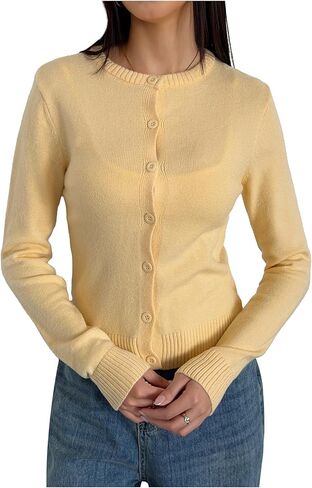 SHENHE Women's Crew Neck Button Down Ribbed Knit Soft Cropped Cardigan Sweater in Saudi Arabia