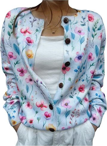 WDIRARA Women's Floral Button Down Cardigan Sweater Long Sleeve Knit Outerwear in Saudi Arabia