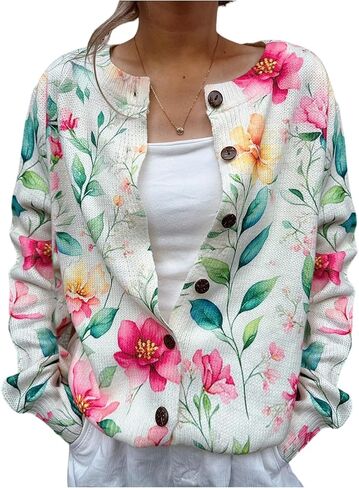 WDIRARA Women's Floral Button Down Cardigan Sweater Long Sleeve Knit Outerwear in Saudi Arabia