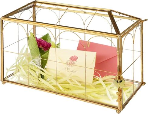 Glass Wedding Card Box with Gold Metal Frame, Envelope Card Reception Box with Heart Lock, Transparent Glass, 12.6 x 5.9 x 9 in in Saudi Arabia