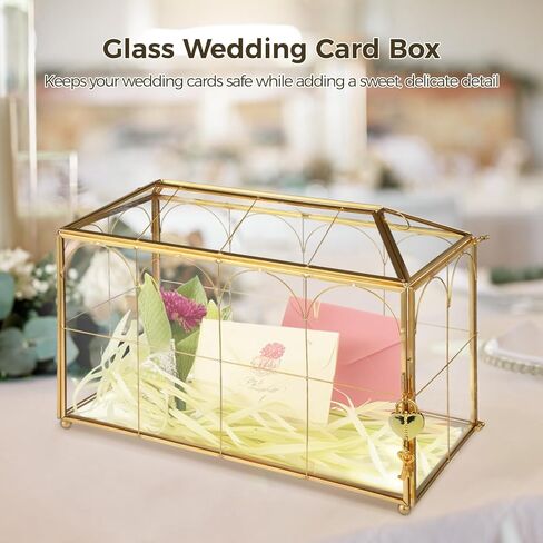 Glass Wedding Card Box with Gold Metal Frame, Envelope Card Reception Box with Heart Lock, Transparent Glass, 12.6 x 5.9 x 9 in in Saudi Arabia
