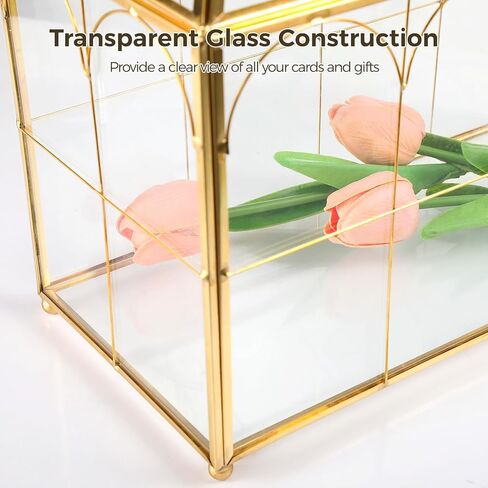 Glass Wedding Card Box with Gold Metal Frame, Envelope Card Reception Box with Heart Lock, Transparent Glass, 12.6 x 5.9 x 9 in in Saudi Arabia